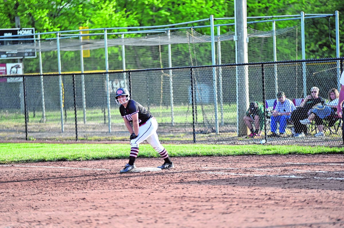 Brownstown Central’s Rylee May prepares to take off for second base in the bottom of the seventh inning of Monday’s game against Floyd Central. She scored the winning run in a 2-1 victory. Arv Koontz/ The Tribune